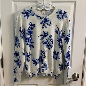 Melrose Chic Blue White Porcelain Cardigan Sweater Size Large Floral